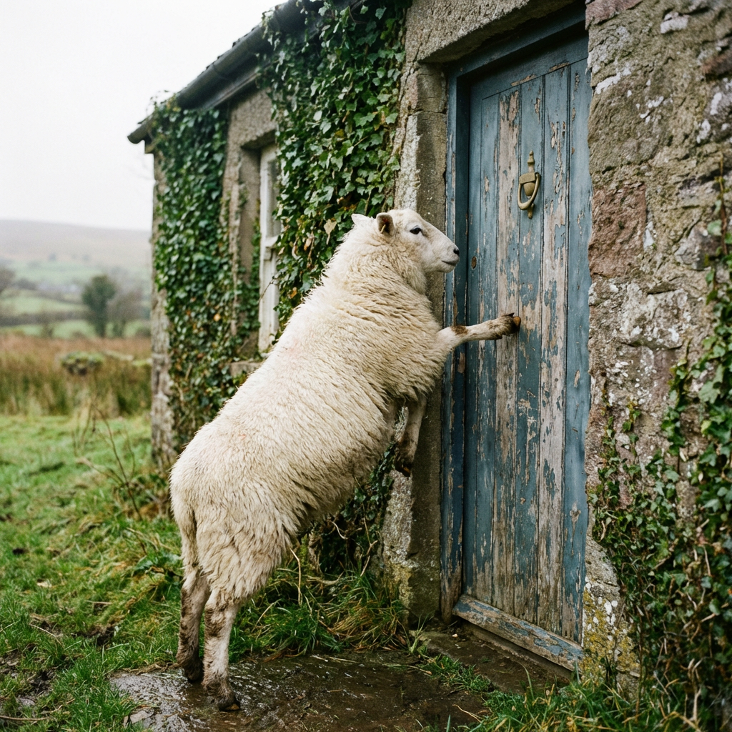 A white sheep on hind legs leaning against the blue door of a stone cottage.