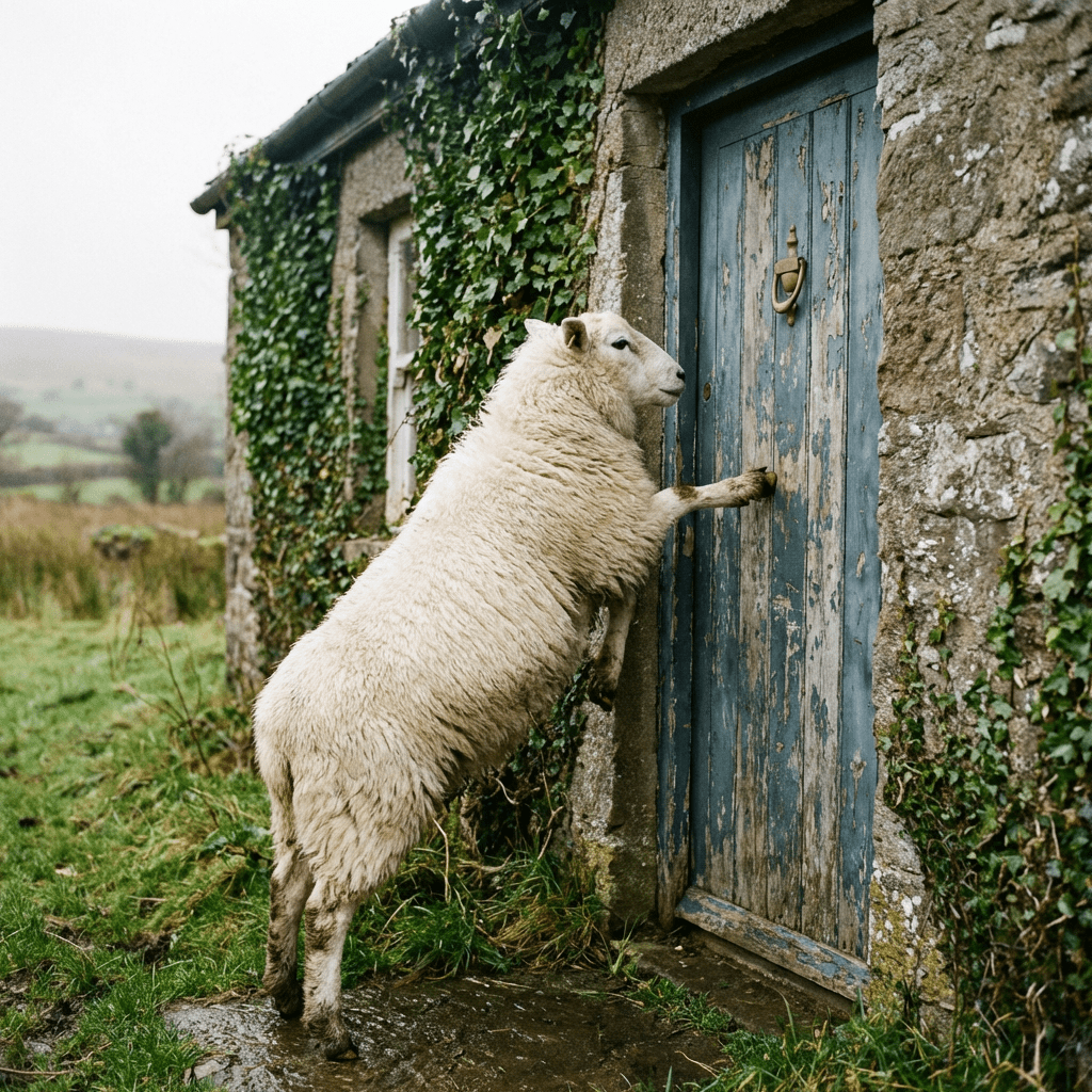 A white sheep on hind legs leaning against the blue door of a stone cottage.