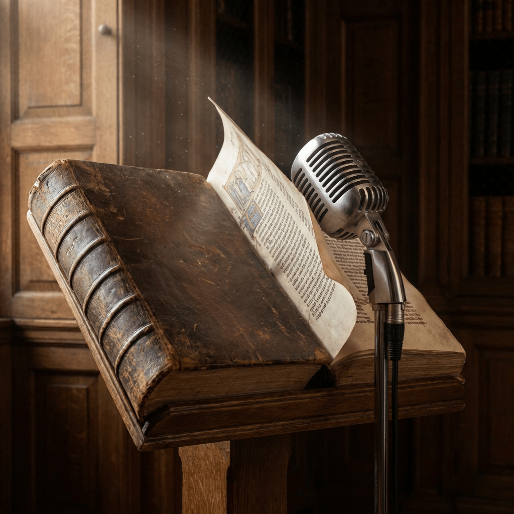 Ancient leather-bound book on a lectern with a vintage microphone under a shaft of light.