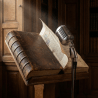 Ancient leather-bound book on a lectern with a vintage microphone under a shaft of light.