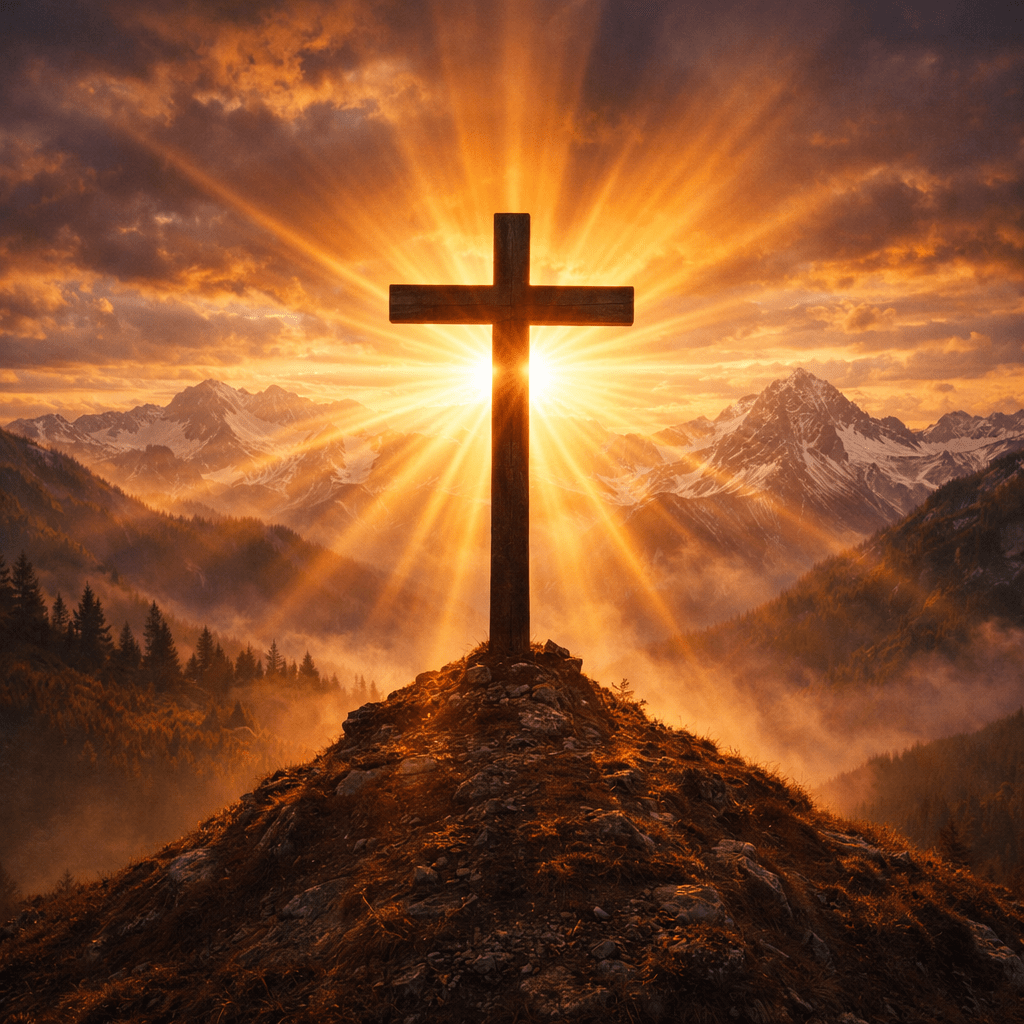 Wooden cross on mountaintop with sun rays spreading behind