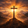Wooden cross on mountaintop with sun rays spreading behind