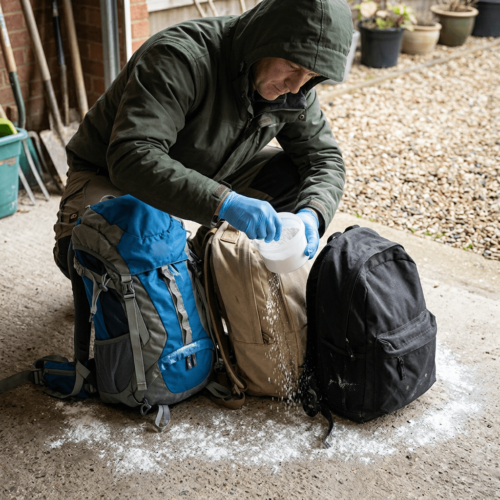 Man in green jacket and blue gloves sprinkling white powder over three backpacks on concrete floor