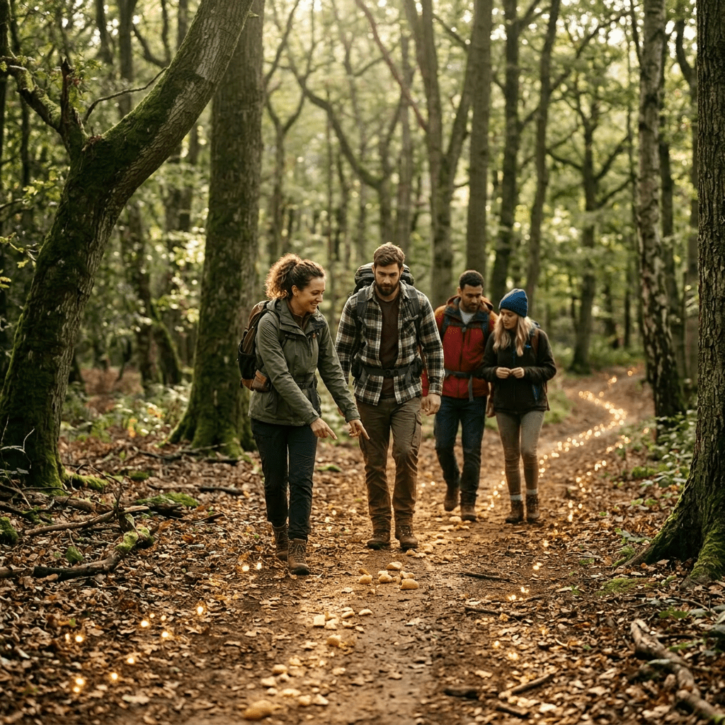 Four people hiking in a forest noticing mushrooms along the trail