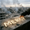 Hand writing 'WAR' on dusty rubble with destroyed buildings and smoke in background
