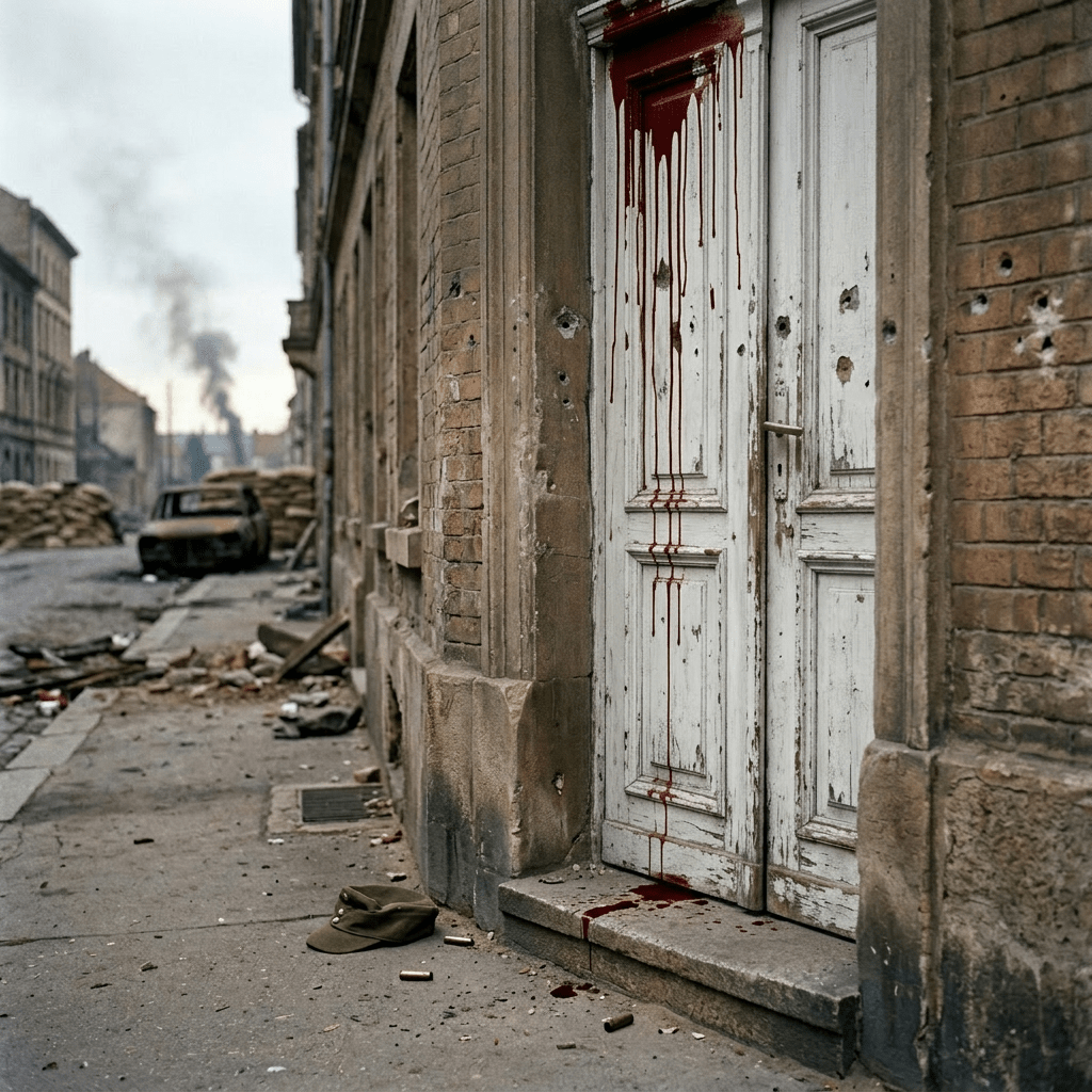 White door, blood dripping from top
