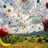 Various fruits floating in the sky above green fields and houses in countryside