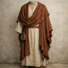 Rustic historical outfit with cream-colored robe, brown shawl, and rope belt with pouch