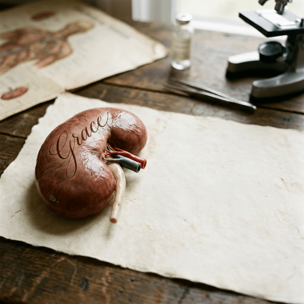 An anatomical kidney model on parchment paper with the word Grace