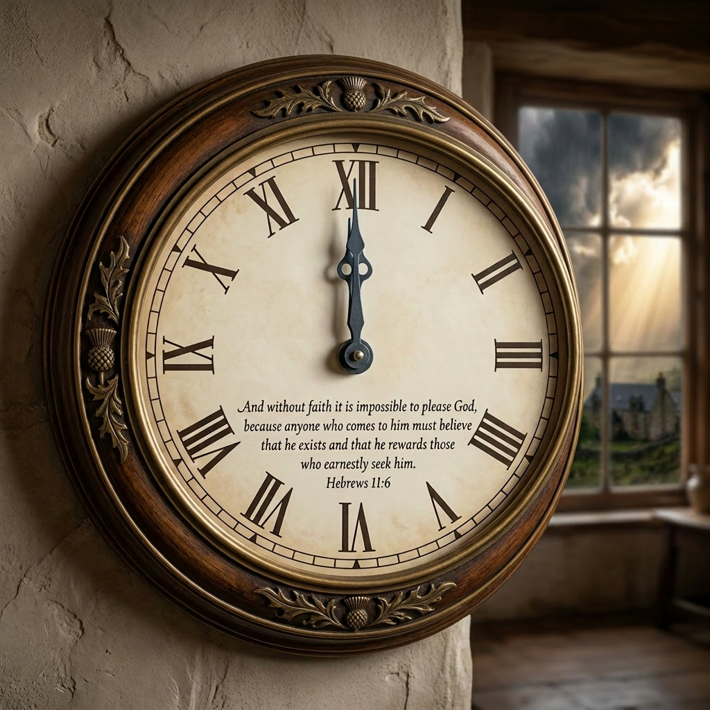 Antique clock showing Roman numerals with Hebrews 11:6 verse on the clock face